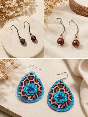 Handmade Teardrop Leopard & Brown Pearl Earrings - Women's Jewelry